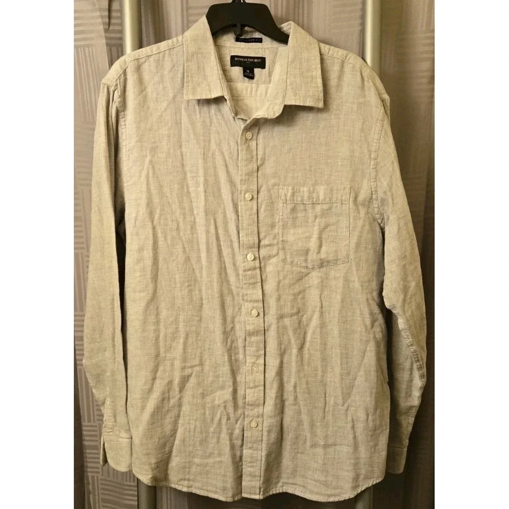 Banana Republic Untucked Fit Light Gray Shirt Mens XL Button Down Double Weave